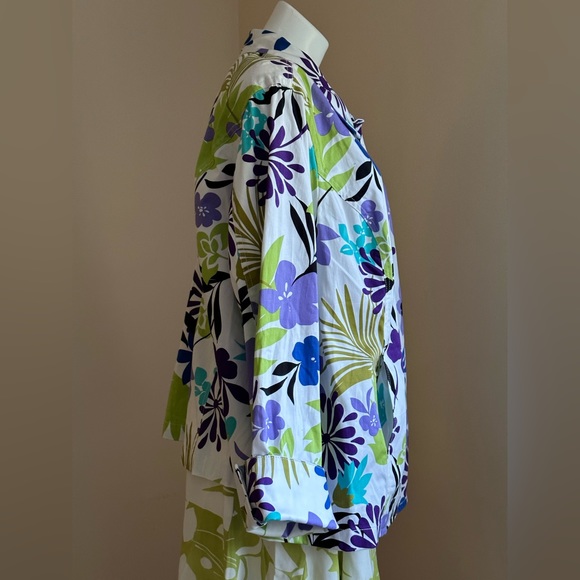 SUSAN GRAVER White W Purple Green Blues Floral Print Metal Buttons Jacket SZ 3X - Picture 6 of 13